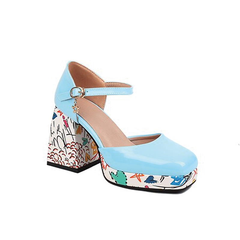 Shoeswoon Square Toe Ankle Strap Platform Heels Printed Chunky Block Heel