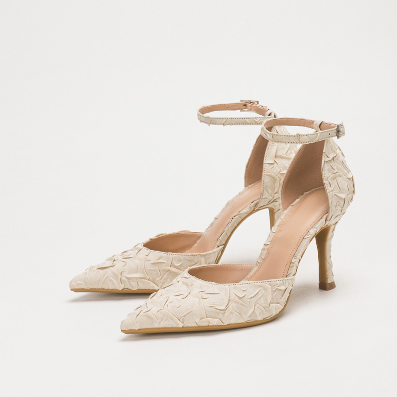 Shoeswoon Textured Lace Pointed Toe Ankle Strap Slingback Stiletto Pumps