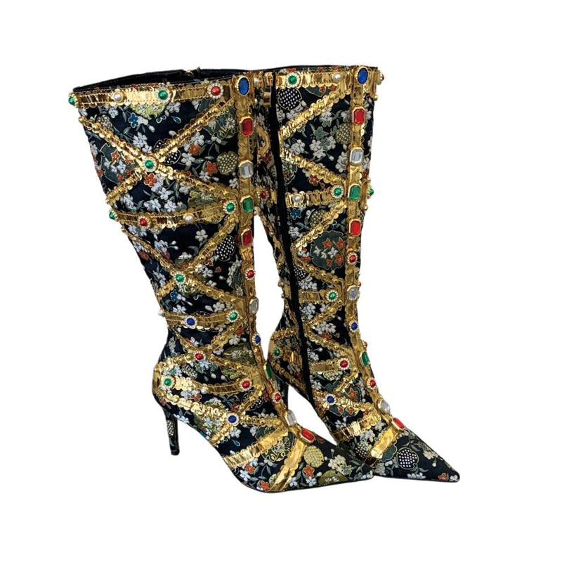 Shoeswoon Floral Jacquard Gem‑Embellished Pointed Toe Stiletto Knee‑High Boots