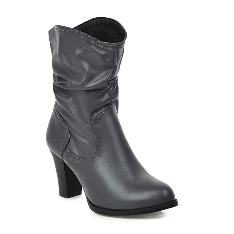 Shoeswoon Ruched Shaft Round‑Toe Wooden Block Heel Mid‑Calf Boots