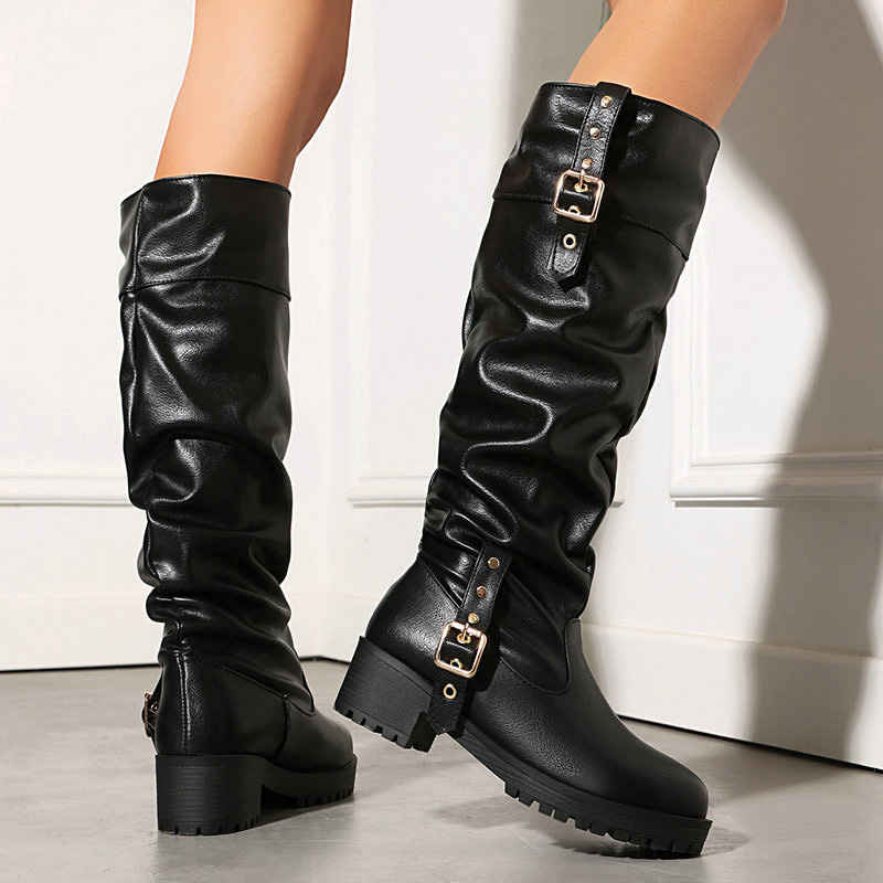 Shoeswoon Slouchy Multi‑Buckle Platform Block Heel Knee‑High Boots