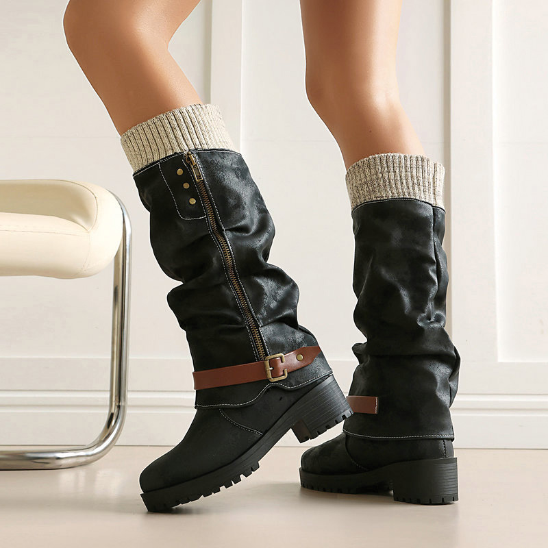 Shoeswoon Knit Cuff Buckle‑Decor Side‑Zip Platform Block Heel Knee‑High Boots