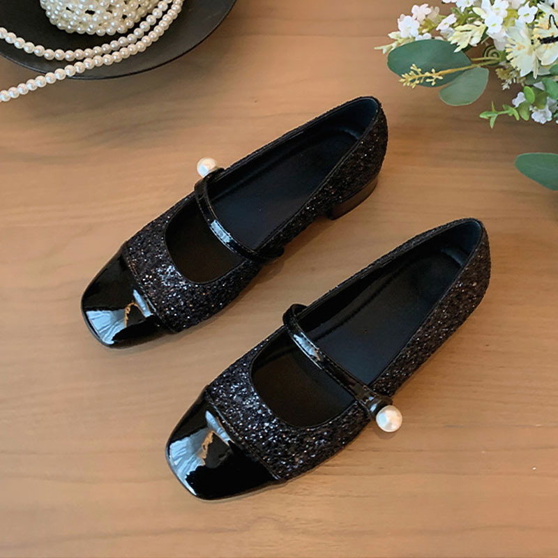Shoeswoon Pearl‑Decor Two‑Tone Square Toe Low Block Heel Mary Jane Pumps