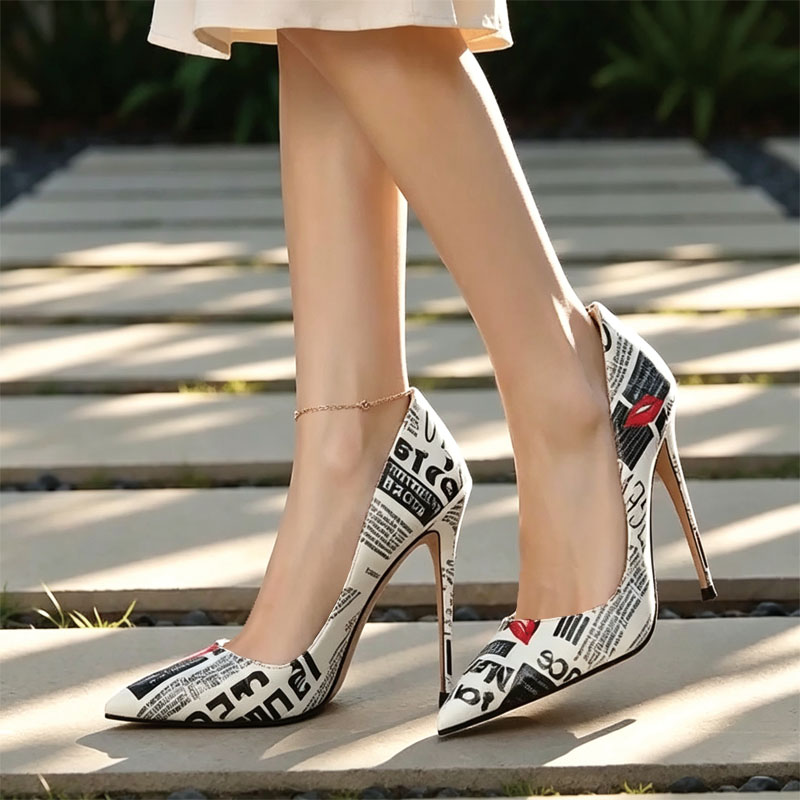 Shoeswoon Statement Newspaper Print Pointed Toe Stiletto High Heels