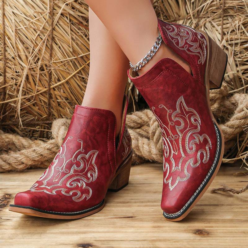 Shoeswoon Embroidery Western Ankle Booties Cut‑Out Stacked Block Heel