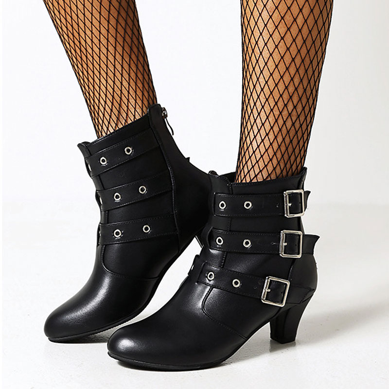 Shoeswoon Multi‑Buckle Plaid Panel Ankle Booties Block Heel Back Zipper