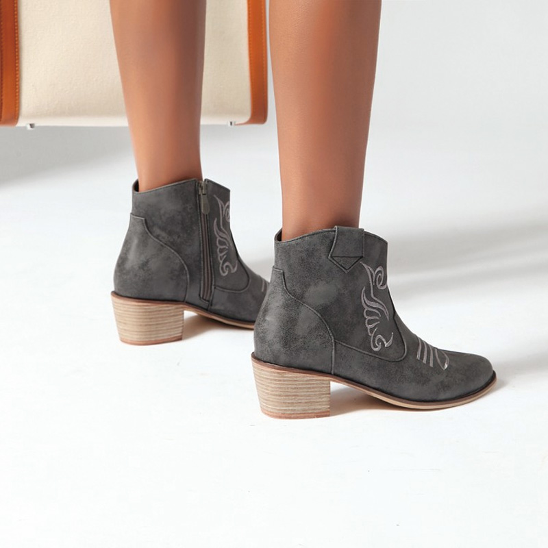 Shoeswoon Embroidered Western Ankle Booties Side Zip Stacked Block Heel