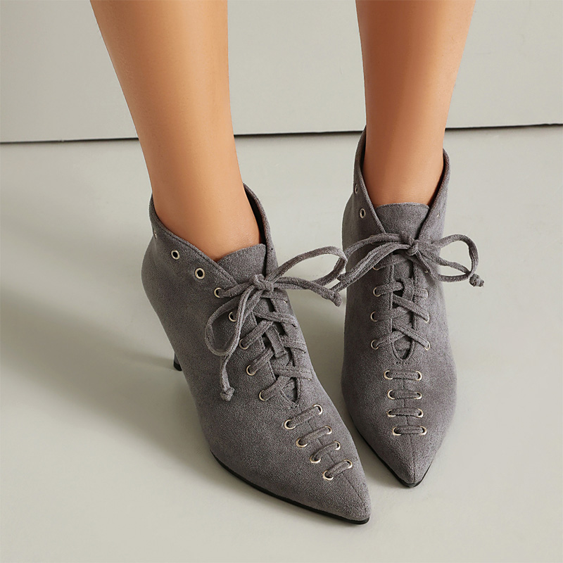 Shoeswoon Pointed Toe Lace‑Up Ankle Booties Eyelet Decor Stiletto Heel
