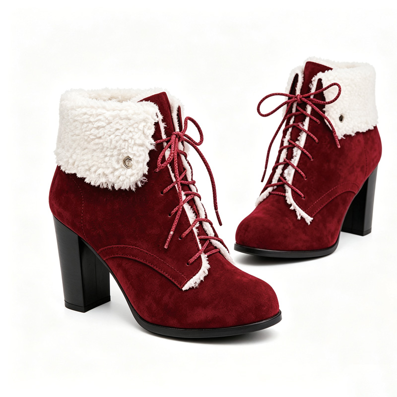 Shoeswoon Fleece‑Cuff Lace‑Up Ankle Booties Faux‑Fur Trim Block Heel