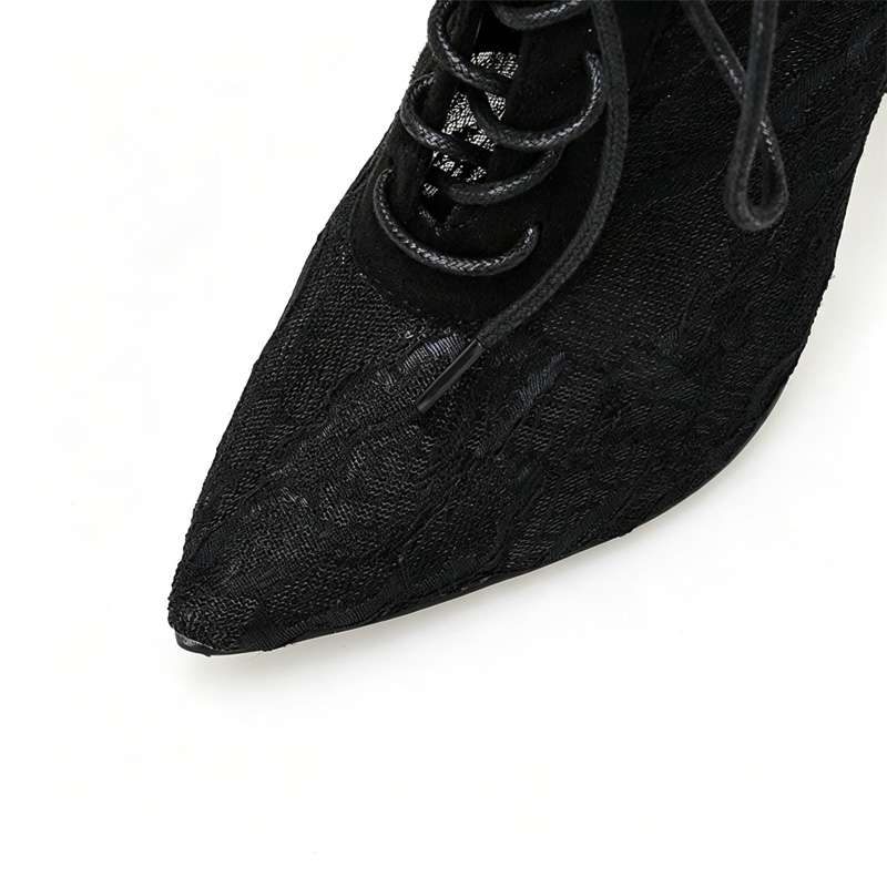 Shoeswoon Lace Mesh Pointed‑Toe Ankle Booties Lace‑Up Stiletto Heel