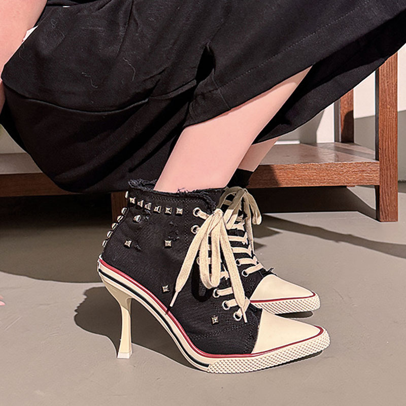 Shoeswoon Camo Canvas High‑Top Stiletto Heel Sneaker Boots Studded Fringe Trim