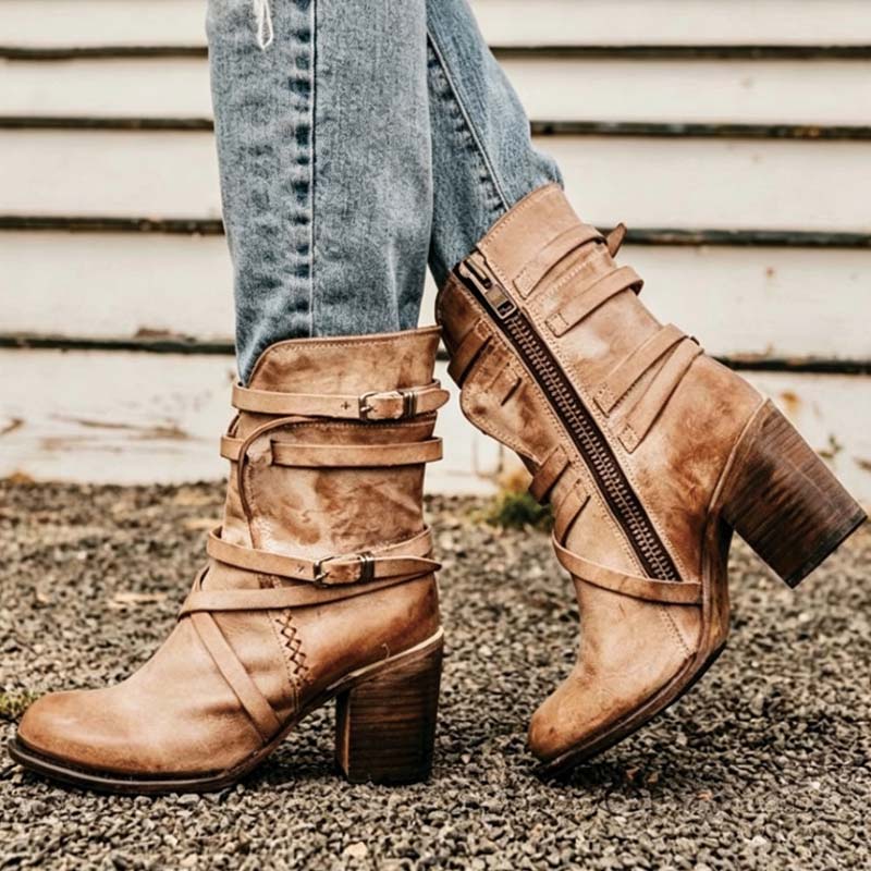 Shoeswoon Boho Distressed Crisscross Buckle Chunky Heel Ankle Boots