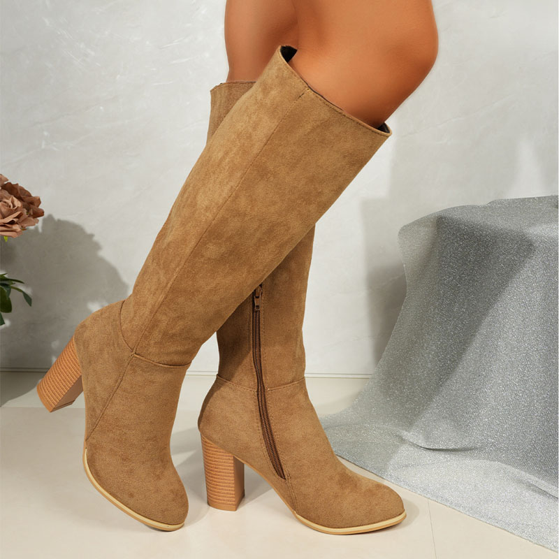 Shoeswoon Elegant Side Zipper Round Toe Chunky Wood Heel Knee High Boots