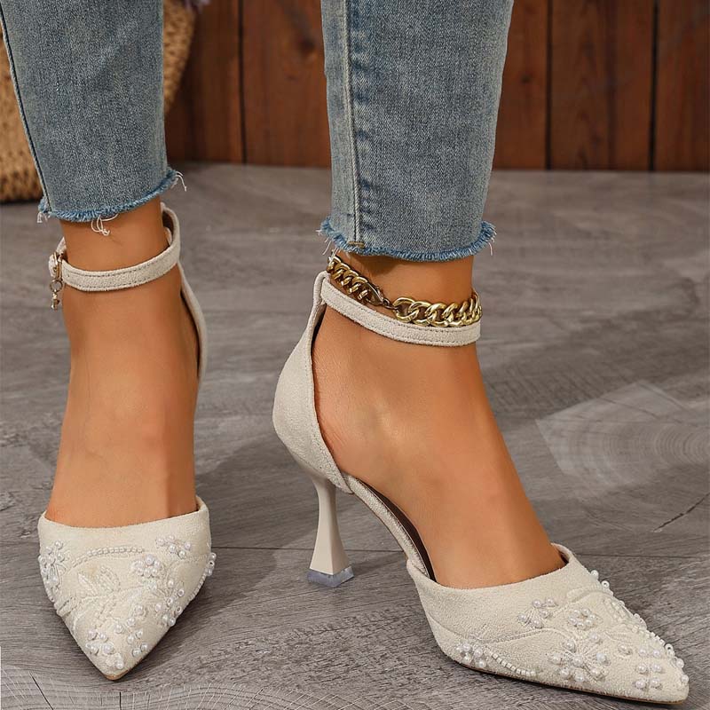 Shoeswoon Pearl Embroidered Pointed Toe Ankle Strap Sculptural Heels