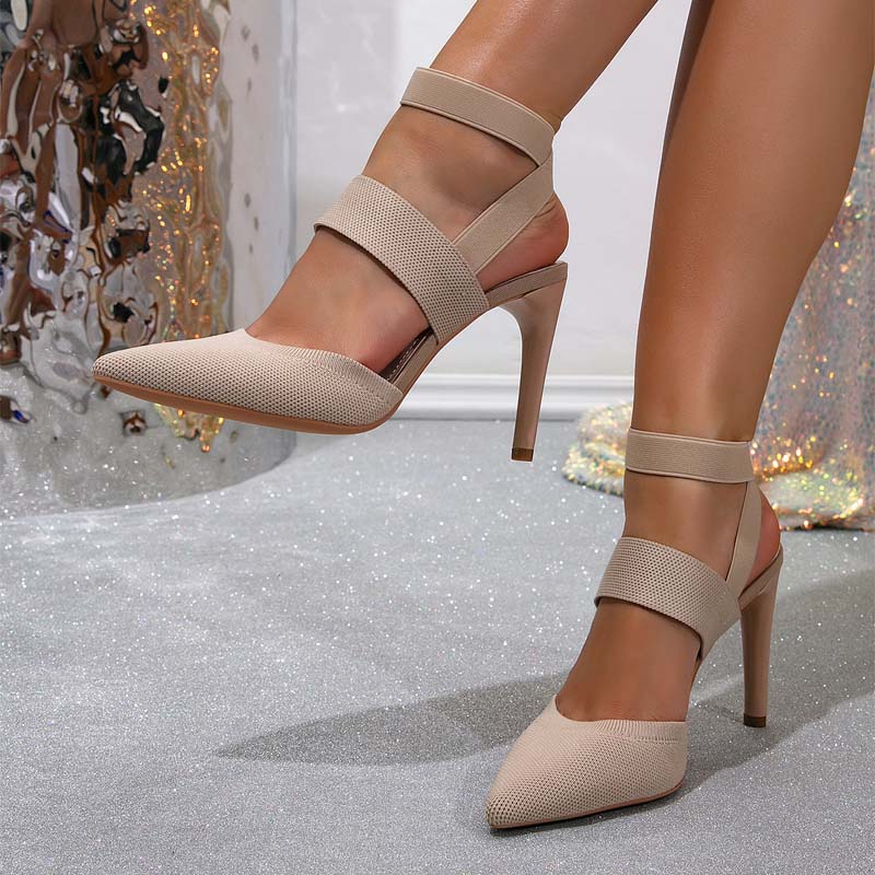 Shoeswoon Stretch Knit Pointed Toe Dual Band Ankle Strap Stiletto Heels