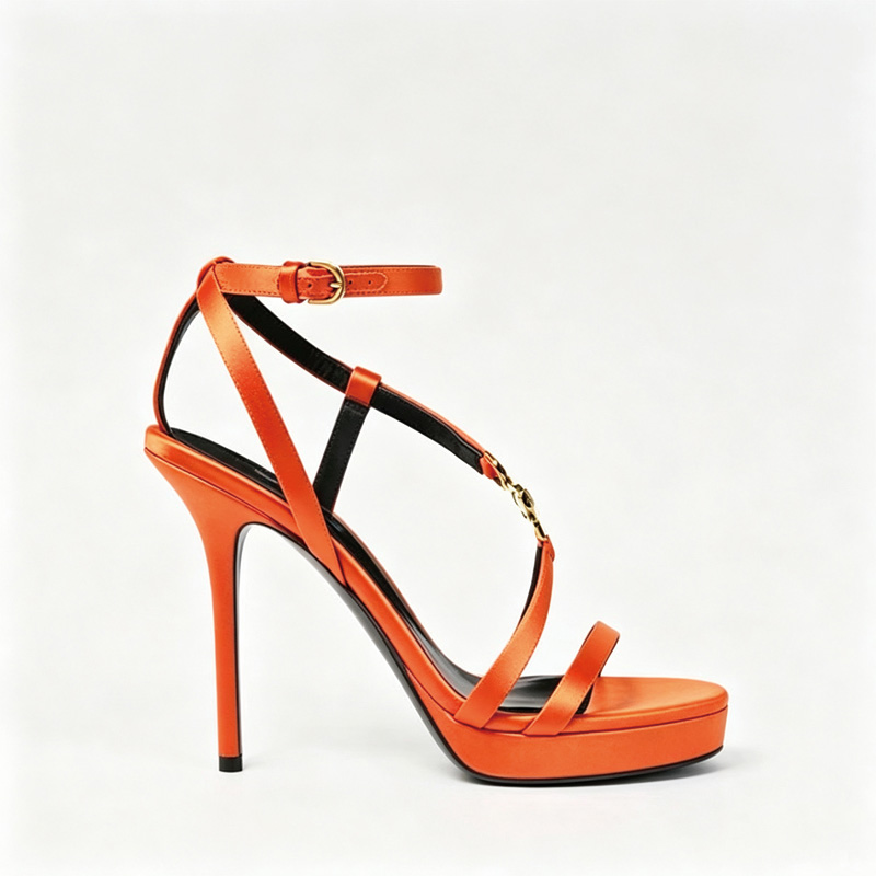 Shoeswoon Satin Gold Medallion Hardware Ankle Strap Platform Stiletto Sandals