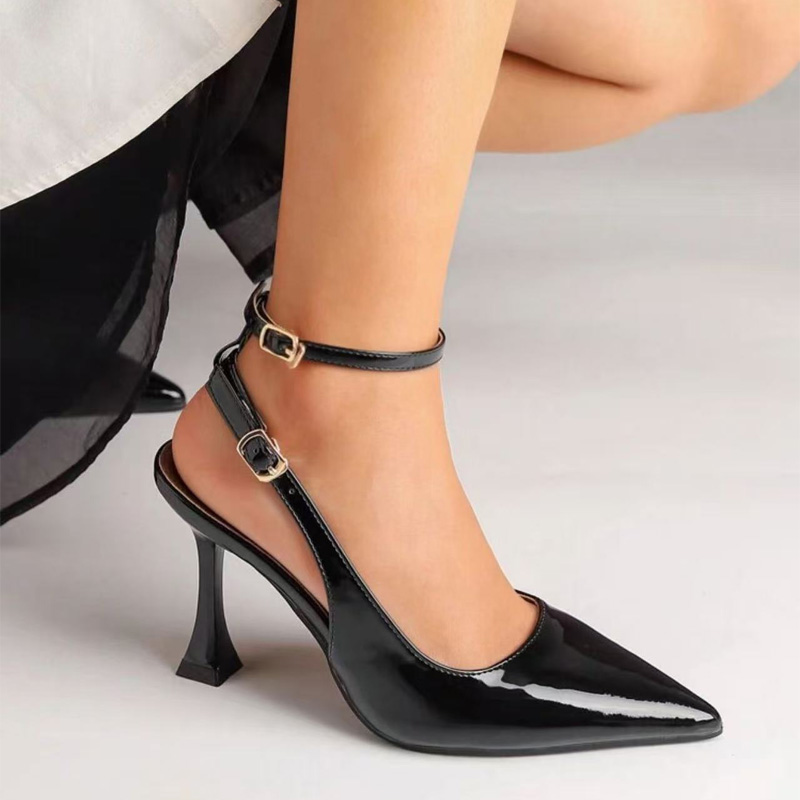 Shoeswoon Glossy Patent Double Ankle Strap Pointed Toe Sculptural Heels