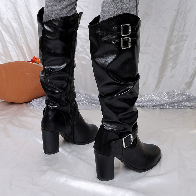 Shoeswoon Vintage Ruched Shaft Metal Buckle Side Zip Block Heel Boots
