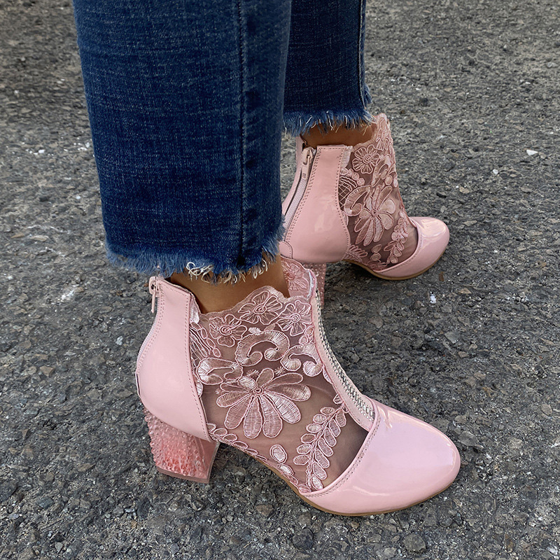 Shoeswoon Floral Lace Mesh Panel Rhinestone Chunky Block Heel Ankle Boots