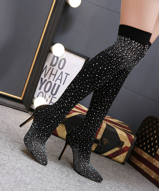 Shoeswoon Full Rhinestone Pointed Toe Stiletto Stretch Over The Knee Boots