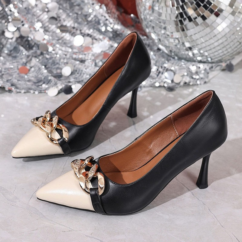 Shoeswoon Color Block Pointed Vamp Decor Chain Stiletto Heels