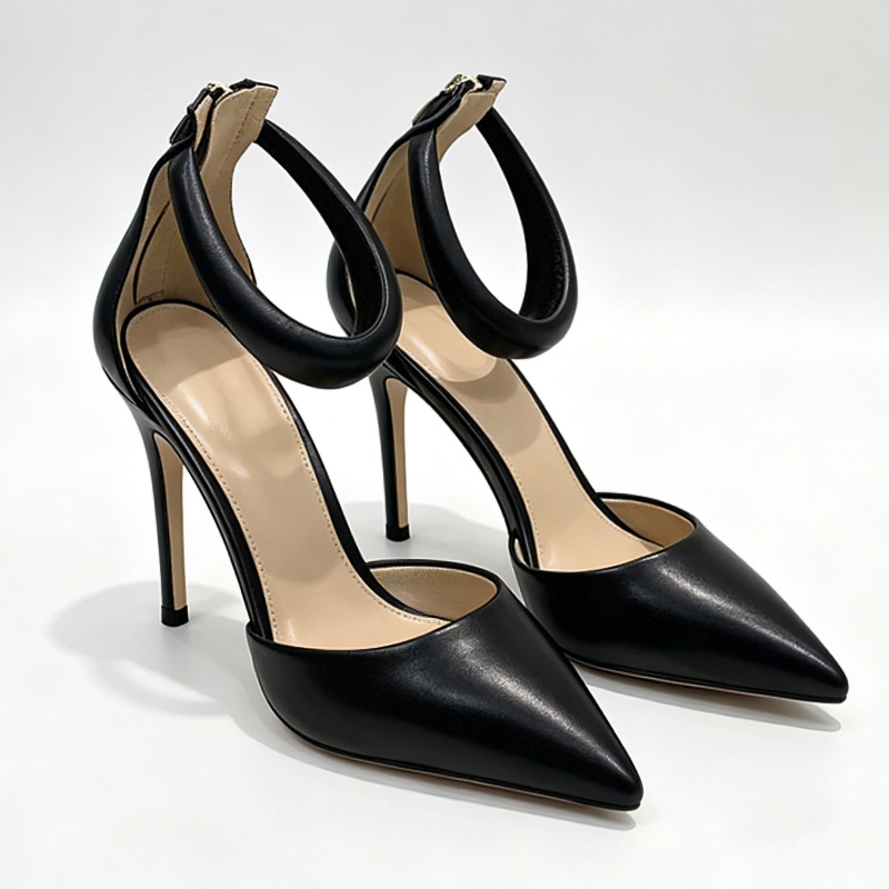 Shoeswoon Pointed Toe Hollow Out Big Ring Ankle Loop Back Zip Stiletto High Heel Mules
