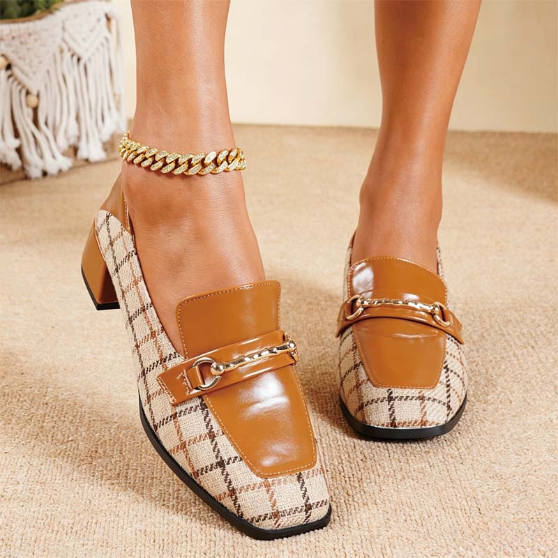 Shoeswoon Plaid Fabric & Patent Spliced Gold Chain Decor Slip‑On Mid Block Heel Women's Loafer Shoes