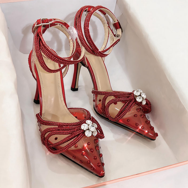 Shoeswoon Rhinestone Bow Double Crystal Ankle Strap Pointed Toe Stiletto Heels
