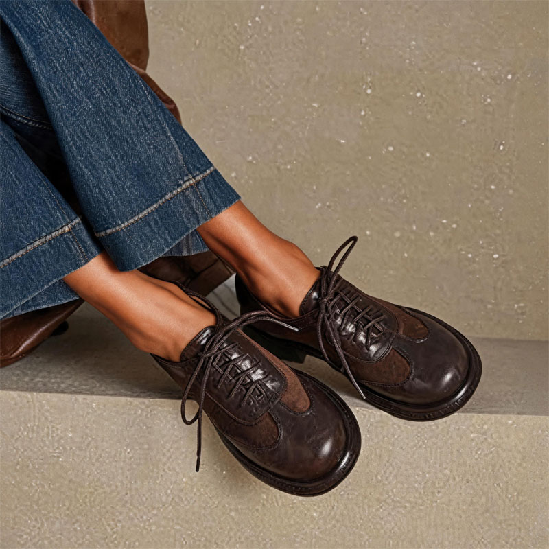 Shoeswoon Vintage Mixed‑Material Brogue Round Toe Lace‑Up Chunky Sole Women Retro Oxfords