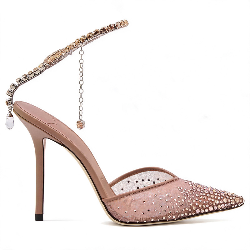 Shoeswoon Nude Mesh Rhinestone Slingback Pointed Toe Stiletto High Heel Pumps