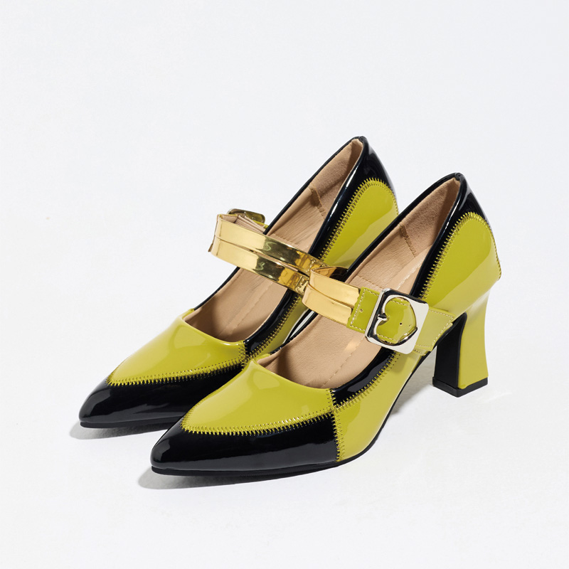 Shoeswoon Color Block Patent Heart Buckle Mary Jane Block Heel Pumps