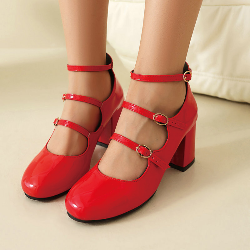 Shoeswoon Round Toe Triple Strap Patent Mary Janes Mid Block Heel