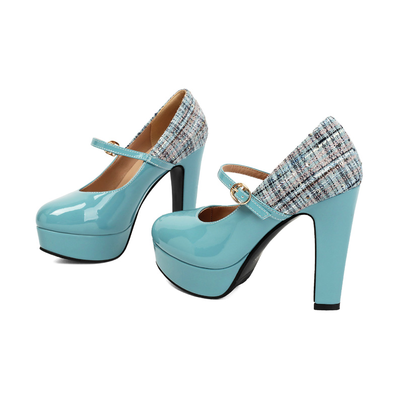 Shoeswoon Round Toe Heart‑Buckle Mary Janes Two‑Tone Platform High Block Heel