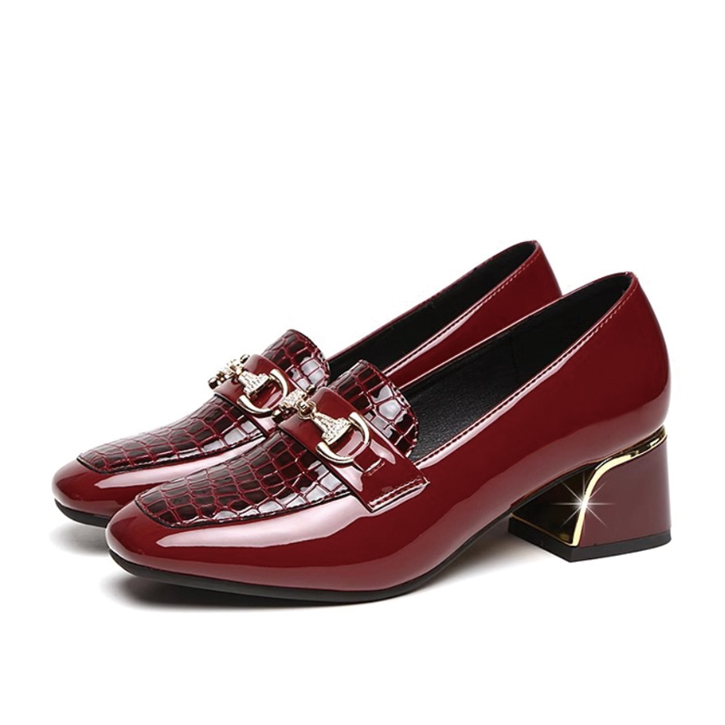 Shoeswoon Elegant Croc Embossed Rhinestone Metal Accent Block Heel Loafers