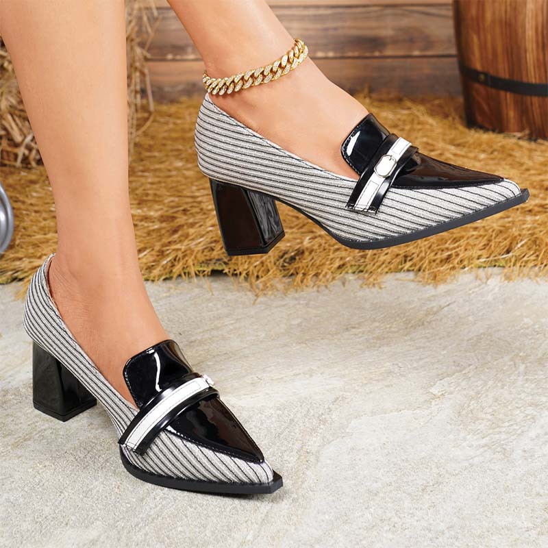 Shoeswoon Retro Pointed‑Toe Striped Patent Mix Block Heel Loafer Shoes