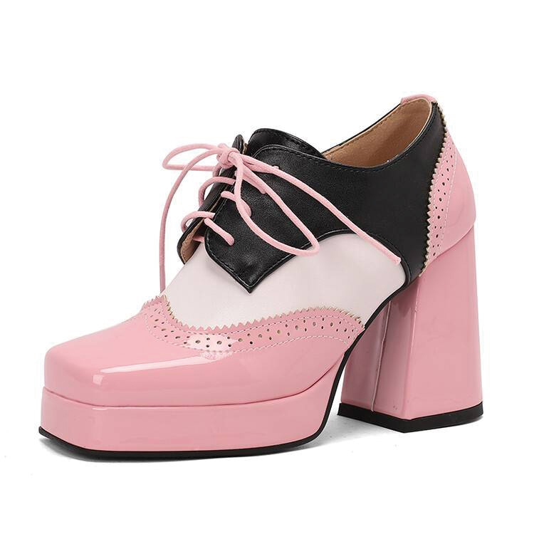 Shoeswoon Spliced Brogue Lace‑Up Platform Chunky Block Heel Oxford Shoes