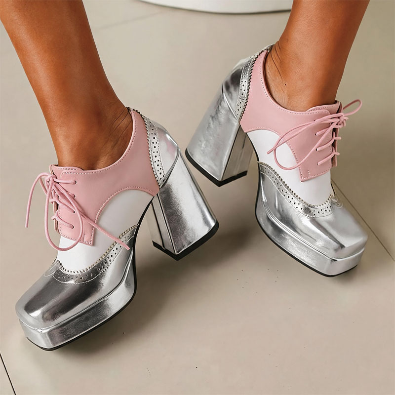 Shoeswoon Spliced Brogue Lace‑Up Platform Chunky Block Heel Oxford Shoes