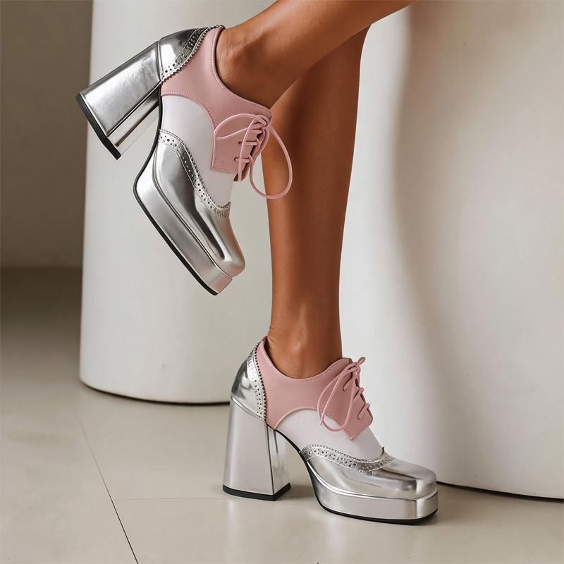 Shoeswoon Spliced Brogue Lace‑Up Platform Chunky Block Heel Oxford Shoes