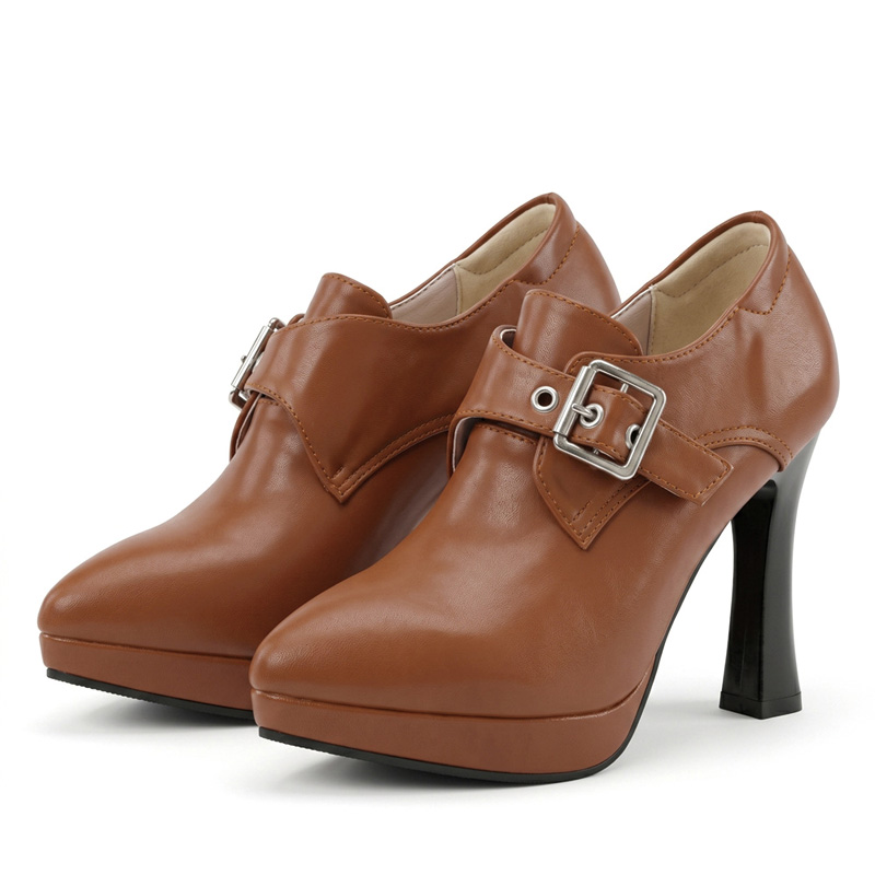 Shoeswoon Monk Strap Platform High Heel Booties Flare Heel