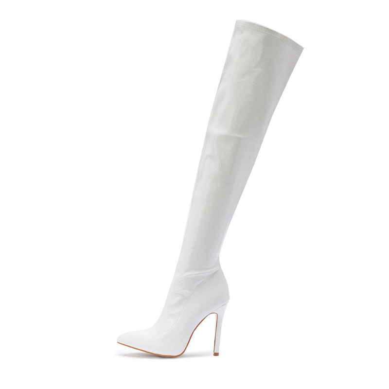 Shoeswoon Glossy Croc Embossed Side Zipper Stiletto Thigh High Boots