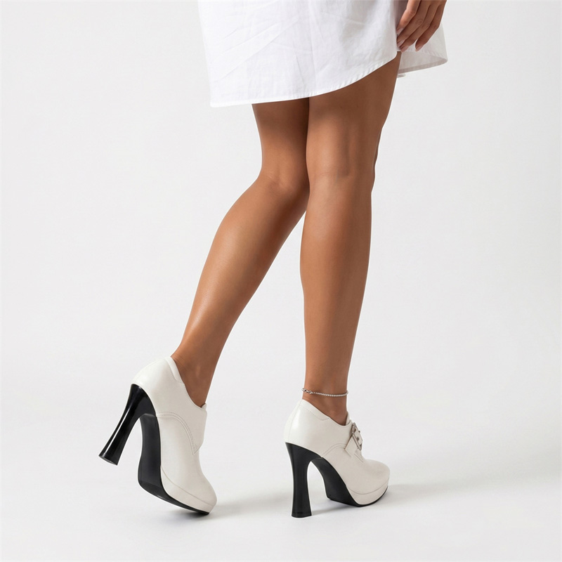 Shoeswoon Monk Strap Platform High Heel Booties Flare Heel