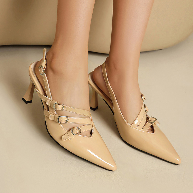 Shoeswoon Multi‑Buckle Leopard Print Pointed Toe Slingback Flared Heel Pumps