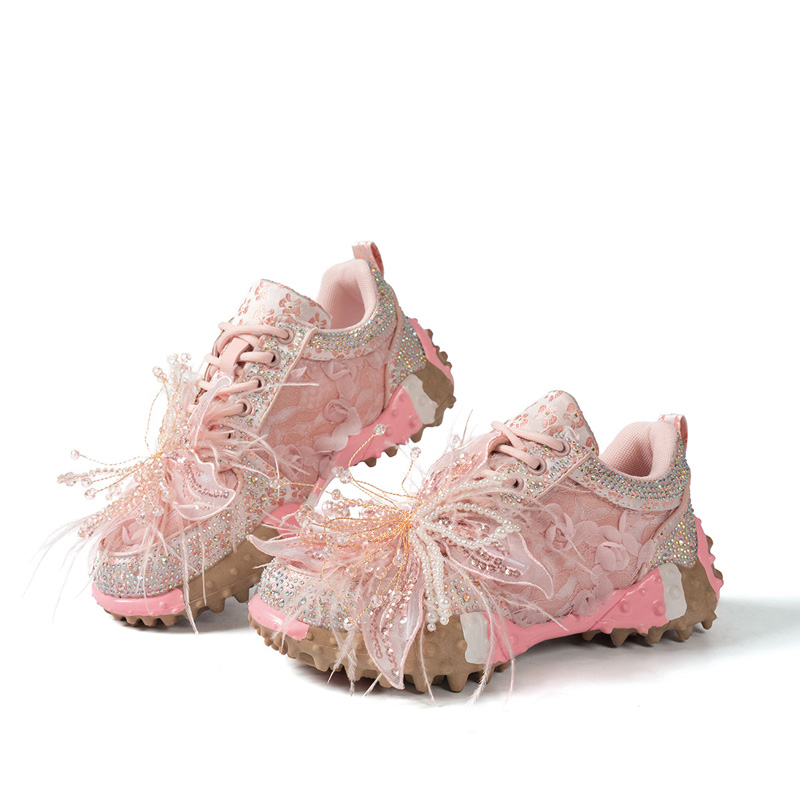 Shoeswoon Romantic 3D Floral Mesh Feather Pearl‑Crystal Decor Lace‑Up Fashion Sneakers