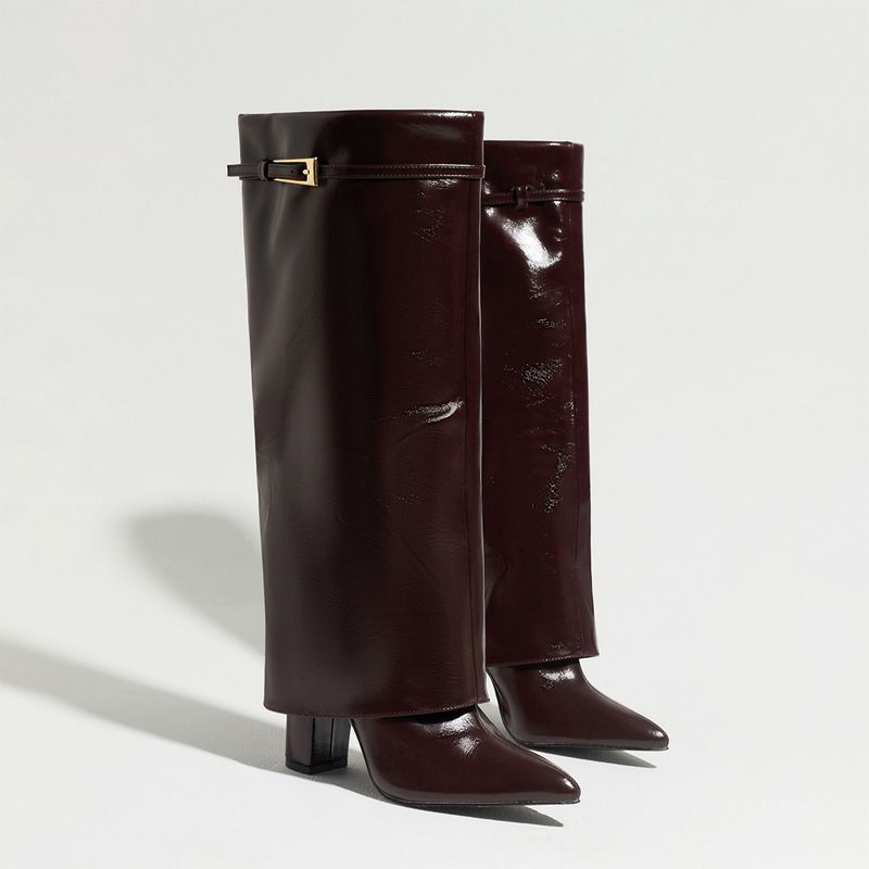 Shoeswoon Metal Buckle Fold‑Over Cuff Pointed Toe Block Heel Knee High Boots