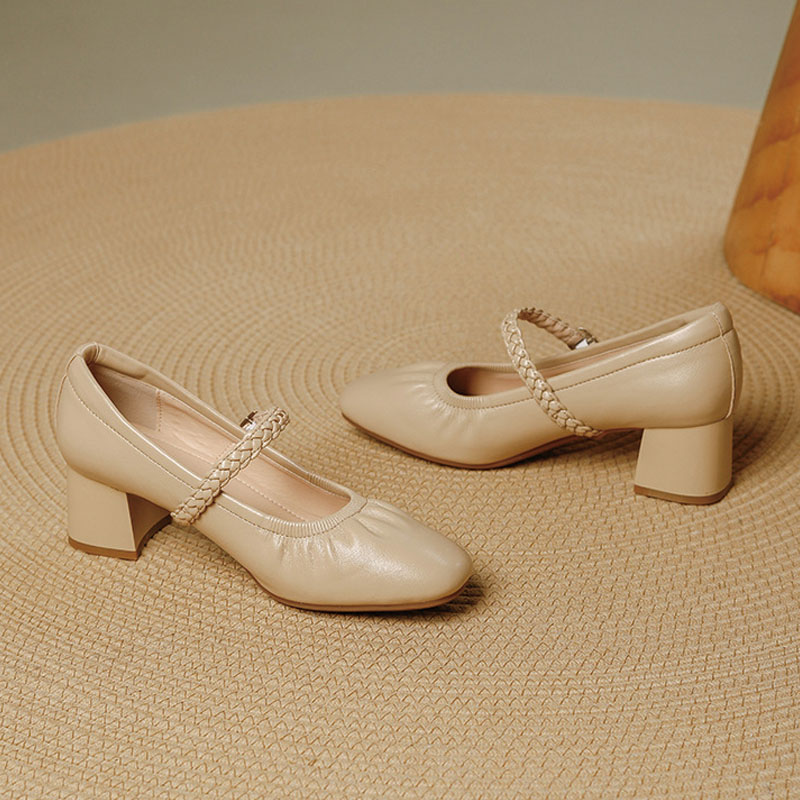 Shoeswoon Soft Pleated Upper Mary Janes Braided Buckle Strap Low Block Heel Shoes