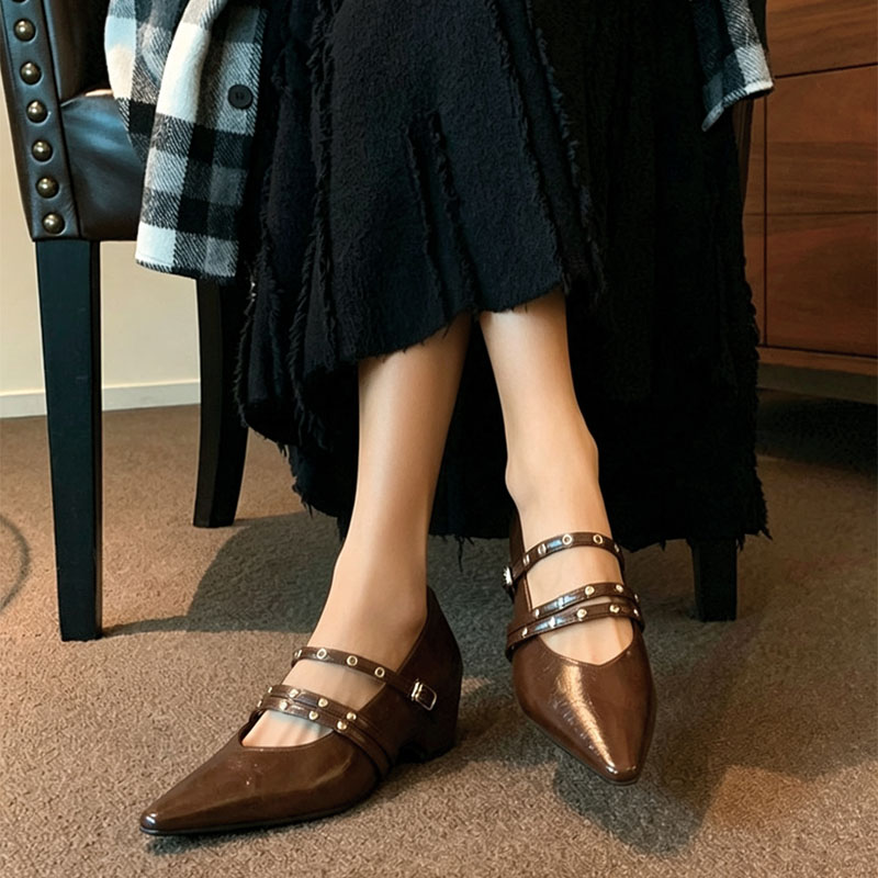 Shoeswoon Crinkle Leather Mary Janes Rivet Decor Dual Buckle Strap Low Wedge Heel Shoes