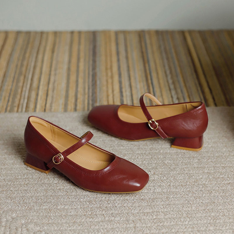Shoeswoon Soft Leather Mary Janes Adjustable Buckle Instep‑Strap Low Heel Daily Shoes