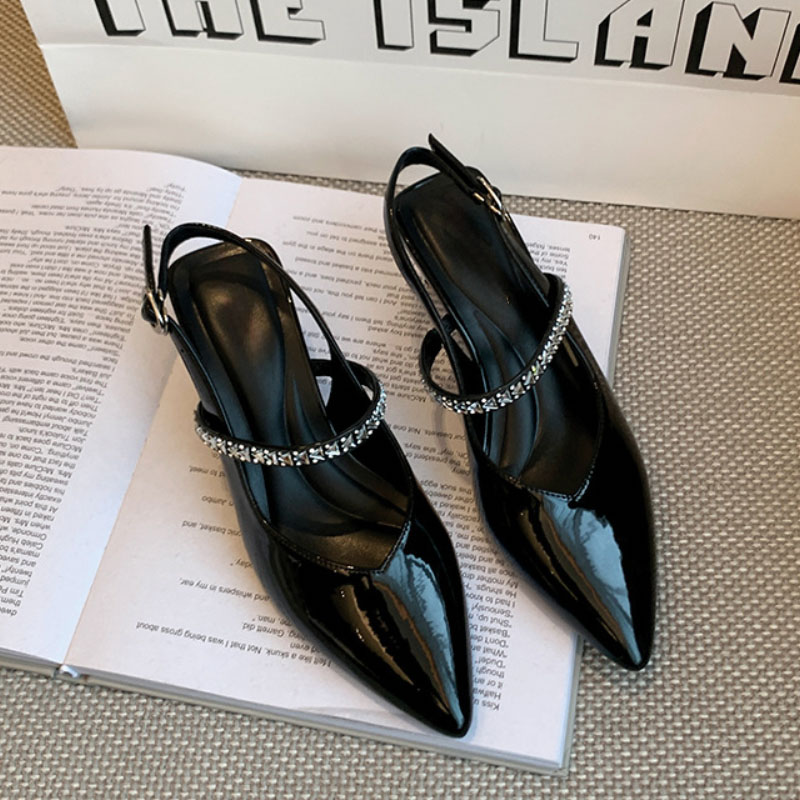 Shoeswoon Rhinestone Strap Pointed Toe Slingback Kitten Heels