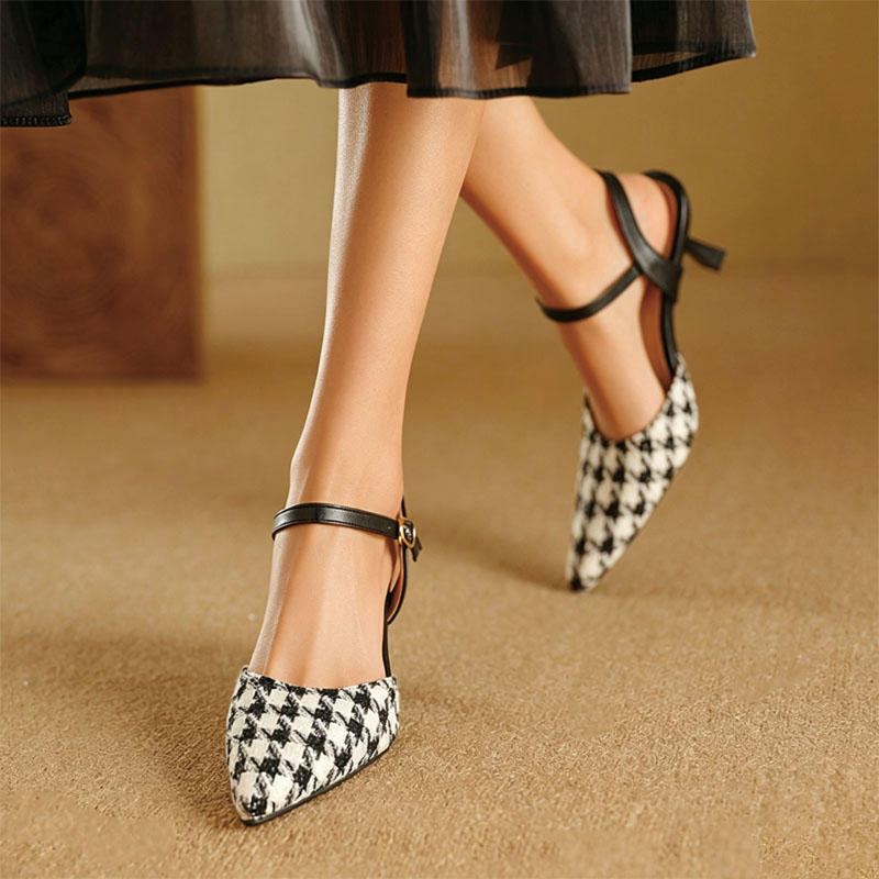 Shoeswoon Plaid Fabric Slingback Heels Ankle Buckle Strap Heels
