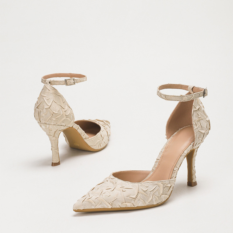 Shoeswoon Textured Lace Pointed Toe Ankle Strap Slingback Stiletto Pumps